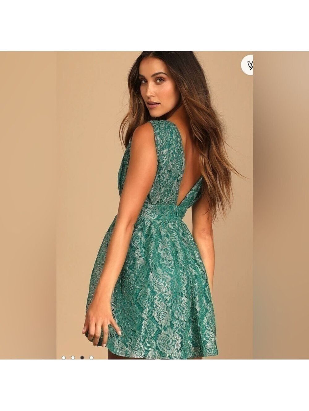 Lulus Tawny Green Metallic Skater Dress Floral Lace Deep V-Neck Size Small NWT - Picture 2 of 14